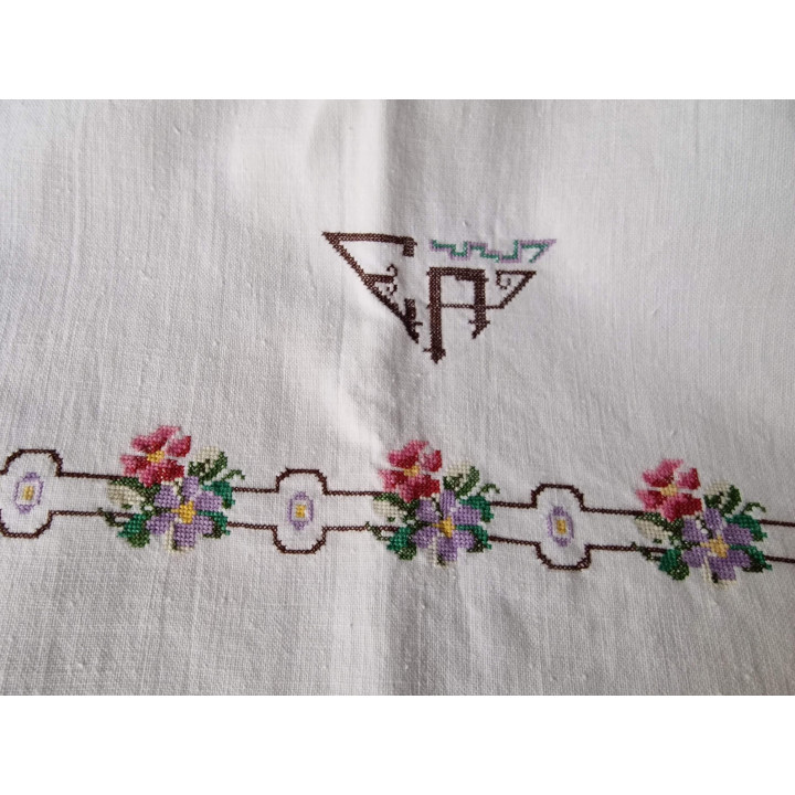 1910年代アンティーク寝具セット、手刺繍GAモノグラム
