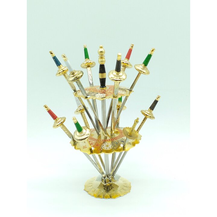 Juego Vintage de 12 Mini Brochetas Toledo con Soporte de Mesa | Pinchos para Aperitivos con Diseño de Espada | Utensilios de Bar