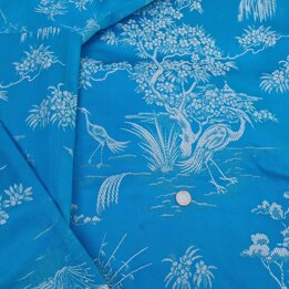 Vintage Spanish Fabric, Blue Jacquard Textile with Chinoiserie Cranes, 140cm Wide, Sold by Meter, 1950s Sewing Material