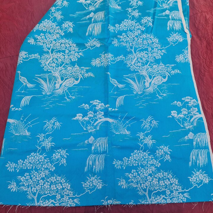 Vintage Spanish Fabric, Blue Jacquard Textile with Chinoiserie Cranes, 140cm Wide, Sold by Meter, 1950s Sewing Material