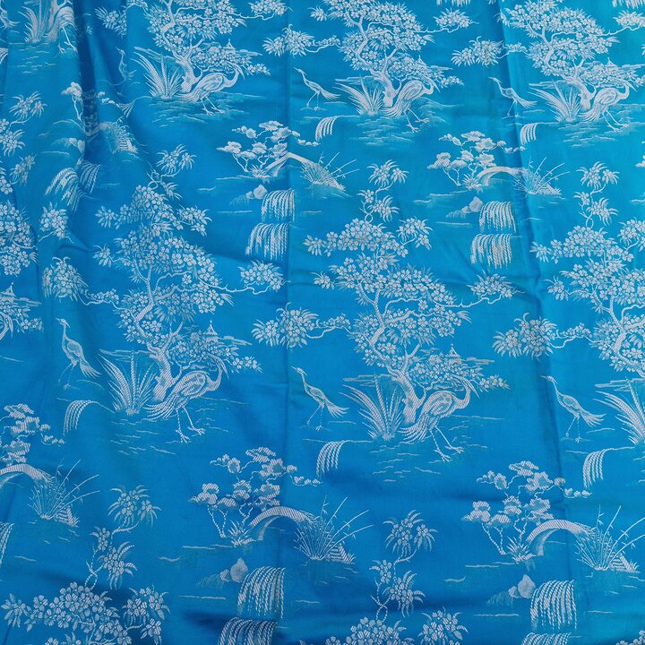 Vintage Spanish Fabric, Blue Jacquard Textile with Chinoiserie Cranes, 140cm Wide, Sold by Meter, 1950s Sewing Material