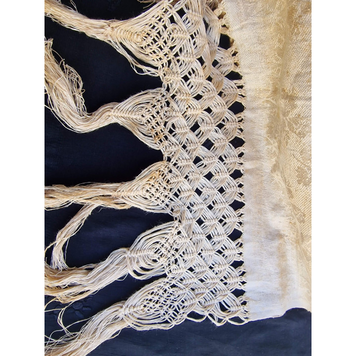 Serviette Ancienne en Lin Jacquard et Dentelle à l'Aiguille