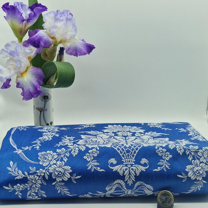Mid-Century Spanish Damask Fabric Blue Floral Basket Pattern 120cm Wide Textile per Meter