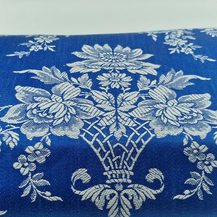 Mid-Century Spanish Damask Fabric Blue Floral Basket Pattern 120cm Wide Textile per Meter
