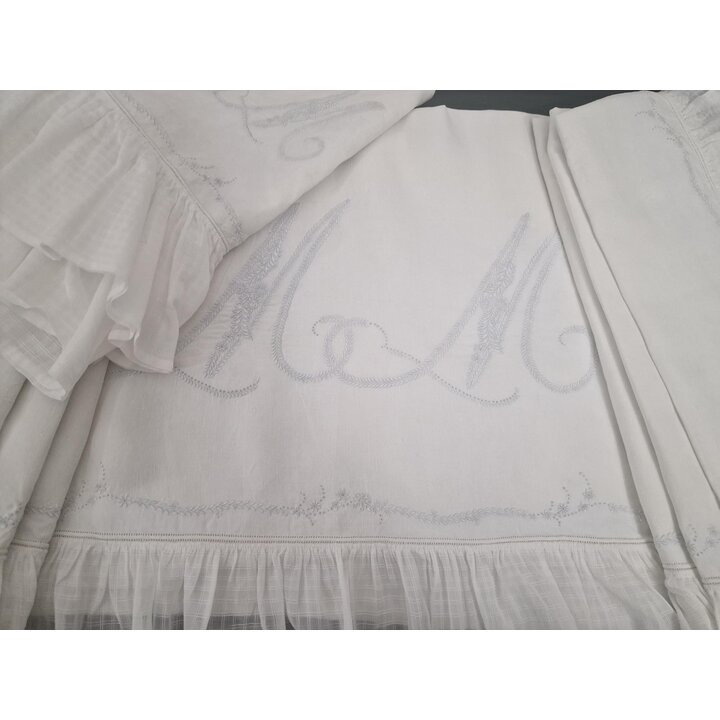 Antique Monogram MM Pure Linen Sheet Pillowcase Set Hand Embroidered Cotton Ruffle White Bedding Trousseau 190x260 cm 45x100 cm 