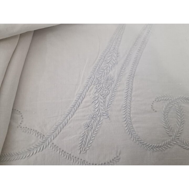 Antyczny Komplet Pościeli Czysty Len Bawełniana Falbana Haft Ręczny Monogram MM Prześcieradło 190x260 cm Poszewka 45x100 cm XX W