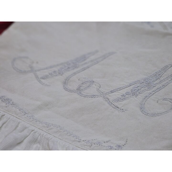 Set Lenzuolo e Federa Antico Puro Lino Volant Cotone Ricamato a Mano Monogramma MM Corredo d Epoca 190x260 cm 45x100 cm XX Secol