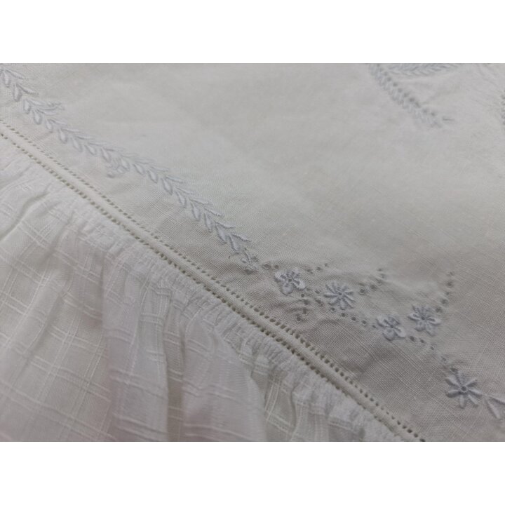 Antikes Bettwaesche Set Reines Leinen Baumwoll Ruesche Handgestickt Monogramm MM Bettlaken 190x260 cm Kissenbezug 45x100 cm Vint