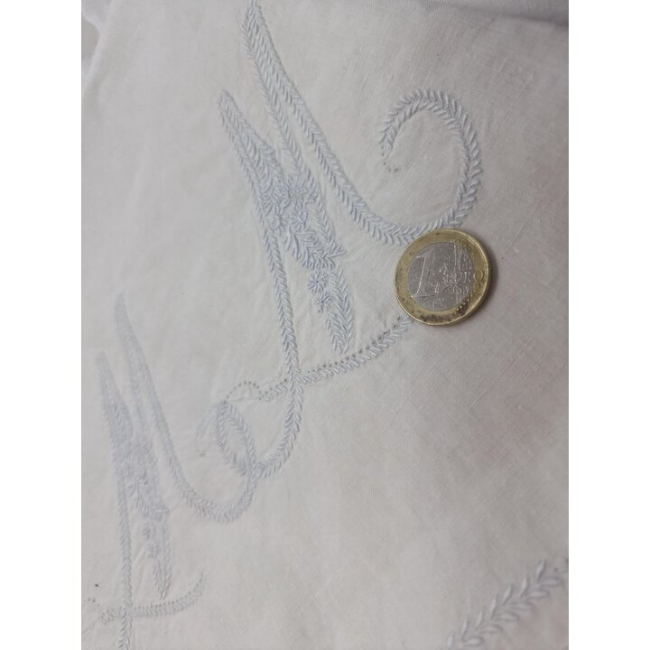 Parure de Lit Antique Pure Toile de Lin Brodee Main Monogramme MM Volant Coton Drap 190x260 cm Taie 45x100 cm Trousseau Ancien X