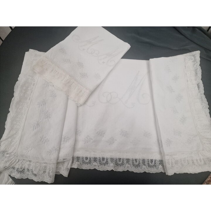 Vintage Fijn Linnen Beddengoed Set, Handgeborduurd Laken 180x240 cm, Kant Kussensloop 45x100 cm, Eerste Helft 20e Eeuw