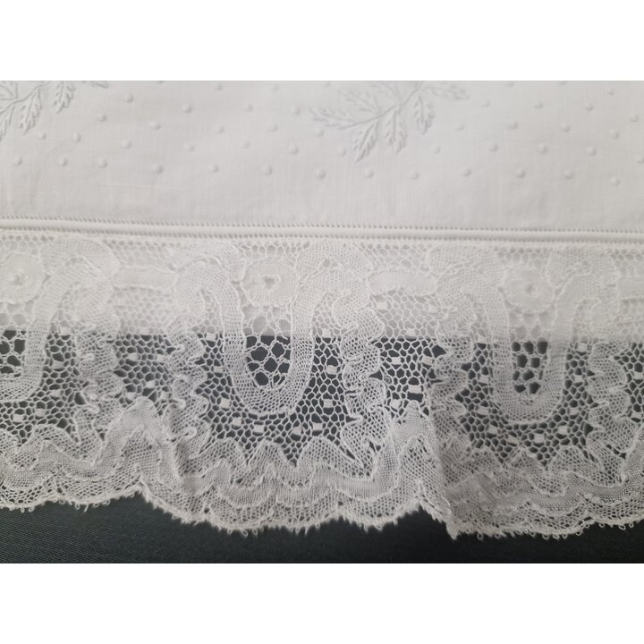Parure de Lit Ancienne Lin Fin, Drap Brode Main 180x240 cm, Taie Dentelle Main 45x100 cm, Trousseau Premiere Moitie XXe Siecle