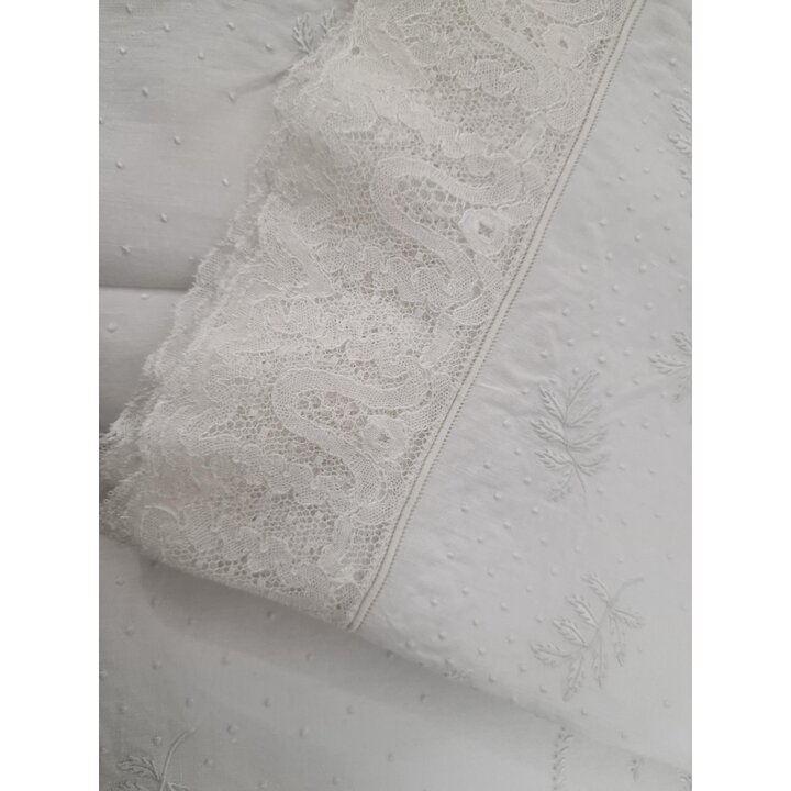 Parure de Lit Ancienne Lin Fin, Drap Brode Main 180x240 cm, Taie Dentelle Main 45x100 cm, Trousseau Premiere Moitie XXe Siecle
