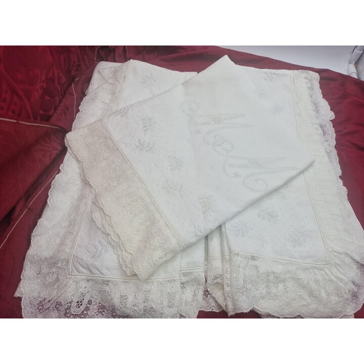 Parure de Lit Ancienne Lin Fin, Drap Brode Main 180x240 cm, Taie Dentelle Main 45x100 cm, Trousseau Premiere Moitie XXe Siecle