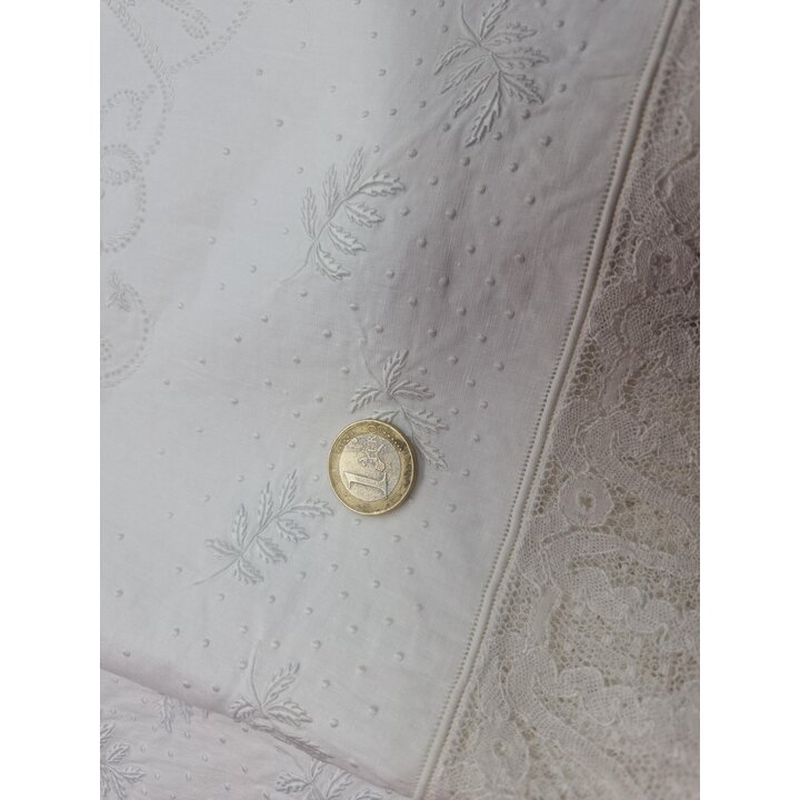 Vintage Fine Linen Bedding Set, Hand Embroidered Monogram Sheet 180x240 cm, Lace Pillowcase 45x100 cm, 1st Half 20th Century Tro