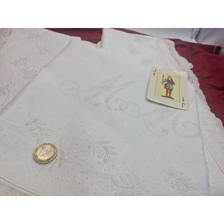 Juego de Cama Vintage Lino Fino, Sabana Bordada a Mano 180x240 cm, Funda Almohada Encaje 45x100 cm, Ajuar Primera Mitad Siglo XX
