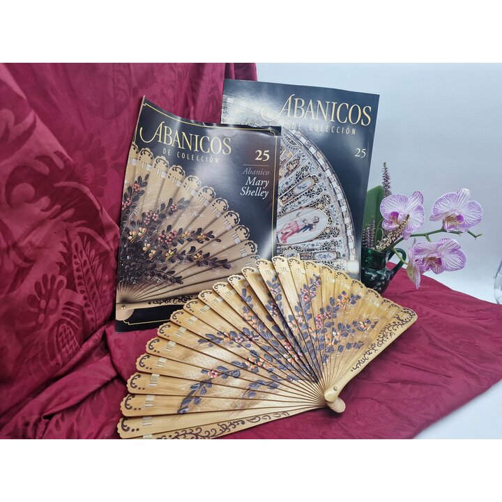 Vintage Wooden Hand Fan, Planeta DeAgostini Mary Shelley Collection No 25, Hand Painted Floral Fan with Booklet, 2003