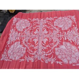 Tejido Jacquard Vintage Espana 1950, Panel para Mantel o Colcha Motivo Pavo Real Rojo Coral, Tela 140x210 cm Sin Dobladillo Nuev