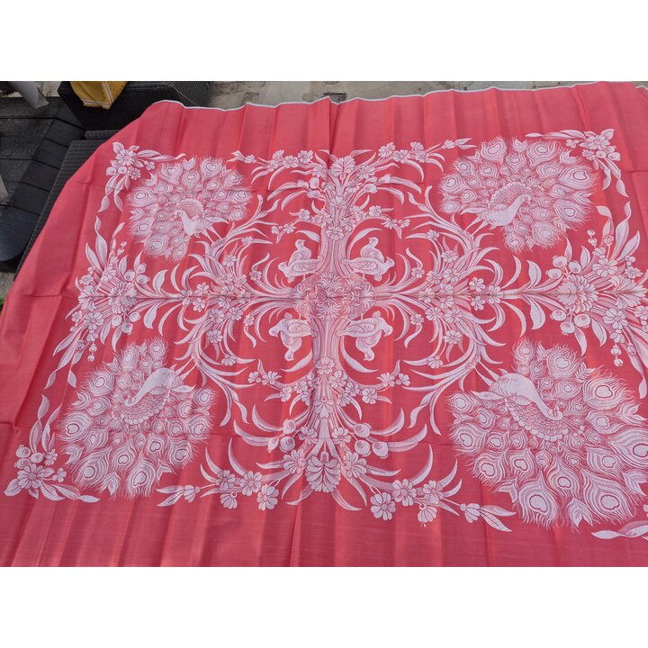 Coupete de Tissu Jacquard Vintage Espagne 1950, Panneau Nappe Couvre Lit Motif Paon Red Coral, Textile 140x210 cm Non Ourle Neuf