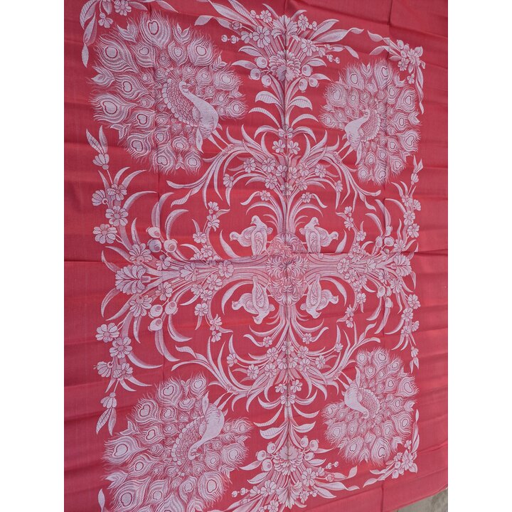 Tettoia Pannello Tessuto Jacquard Vintage Spagna 1950, Motivo Pavoni Corallo per Tovaglia o Copriletto, Tela 140x210 cm Orlo Gre