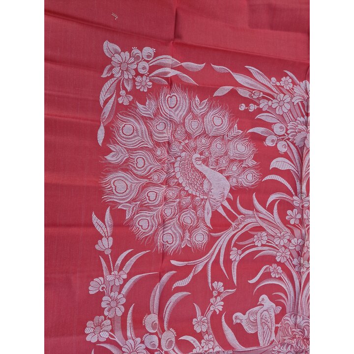 Vintage 1950s Spanish Jacquard Fabric Panel, Peacock Motif Coral Woven Tablecloth Blank Bedspread Cut, 140x210 cm Raw Edge Unuse
