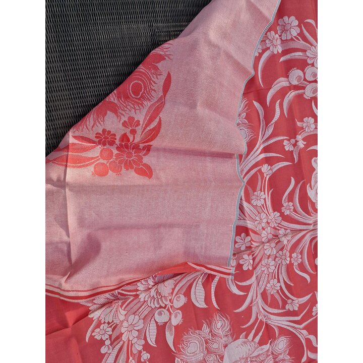 Tkanina Zakard Vintage Hiszpania 1950, Panel na Obrus lub Narzuta Motyw Pawia Koralowy, Material 140x210 cm Nieobszyty Nowy ze S