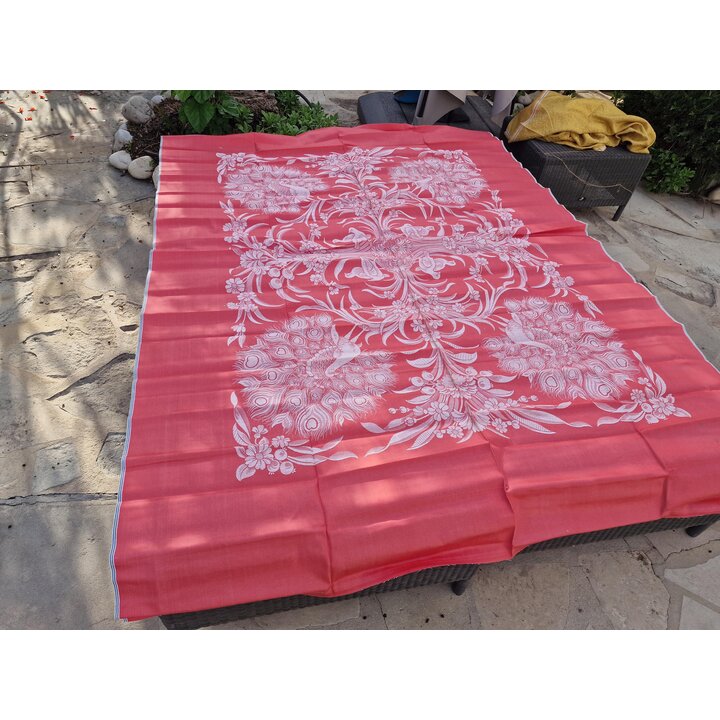 Vintage 1950s Spanish Jacquard Fabric Panel, Peacock Motif Coral Woven Tablecloth Blank Bedspread Cut, 140x210 cm Raw Edge Unuse