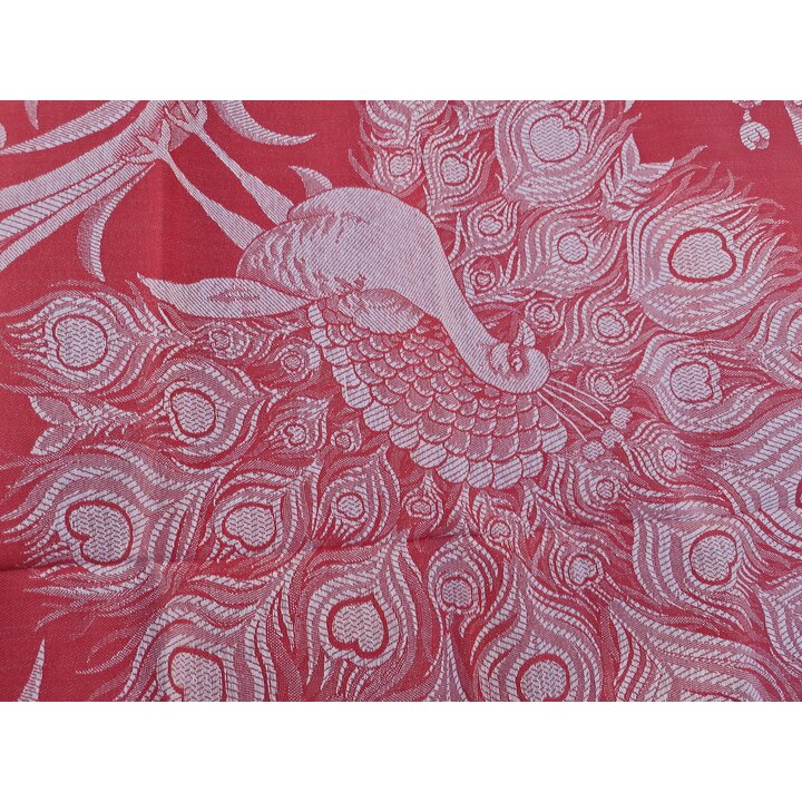Tejido Jacquard Vintage Espana 1950, Panel para Mantel o Colcha Motivo Pavo Real Rojo Coral, Tela 140x210 cm Sin Dobladillo Nuev