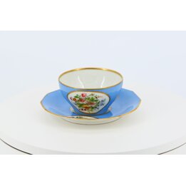 Antique Volkstedt Porcelain Teacup and Saucer Set, Sevres Style Bleu Celeste Hand Painted Flowers, Collectible German Cabinet Cu