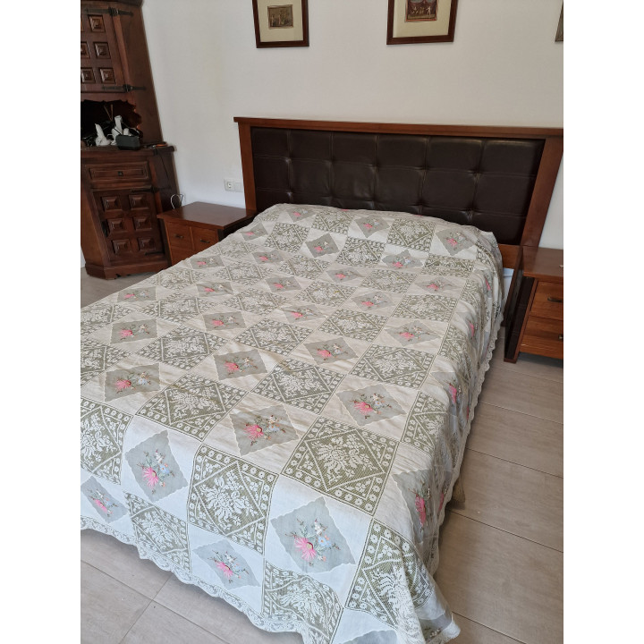Vintage Handgeborduurde Katoenen Bedsprei - Jaren 50