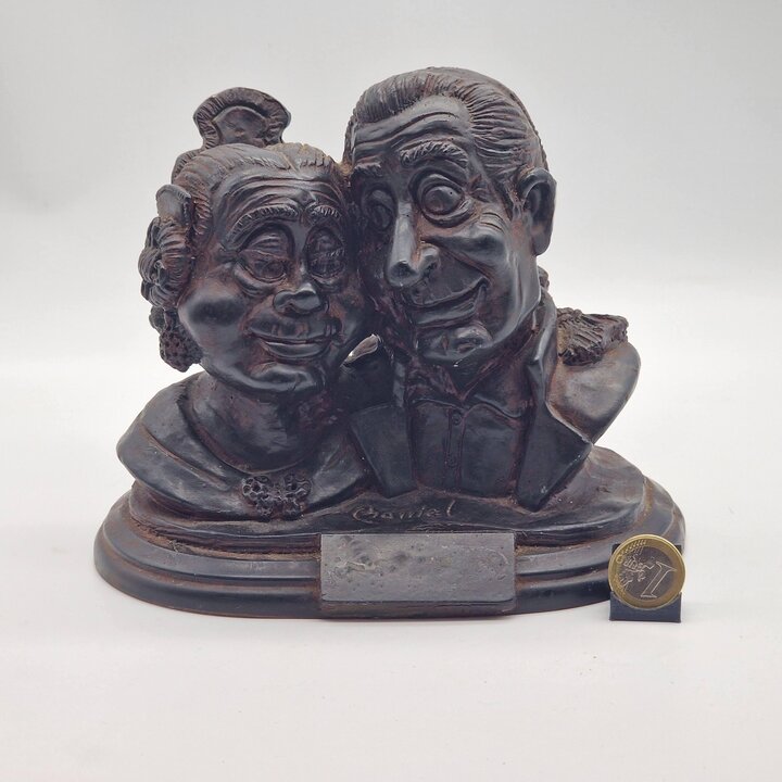 ガヴィエル作 バレンシアのカップル彫刻バスト像, 1960年代ヴィンテージ スペイン風刺芸術彫刻, ブロンズパティナ樹脂スタチュー, 書斎オフィスのレトロな置物