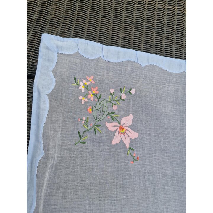ヴィンテージ 刺繍 オーガンジー テーブルクロス 120x120cm 水色 透かし刺繍 花柄 テーブルカバー 1950年代 レトロ