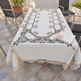 Obrus z Koronki Battenberg i 12 Serwetek, Recznie Robiony Komplet Bawelniany, Koronka Renesansowa, 170x240cm, Lata 50 Nieuzywany