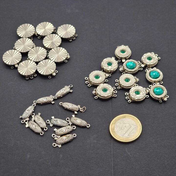 Vintage Silver Tone Box Clasps, Set of 10 - Styles: Elongated Filigree, Round Sunburst or Green Stone