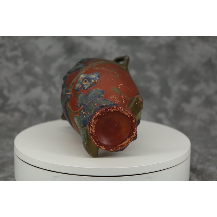 Boleslawiec Terracotta Vase, Poland 1900s, Art Nouveau Cucumber Relief, 21 cm, Antique Pottery