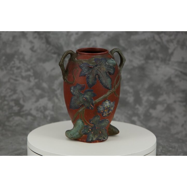 Boleslawiec Terracotta Vase, Poland 1900s, Art Nouveau Cucumber Relief, 21 cm, Antique Pottery