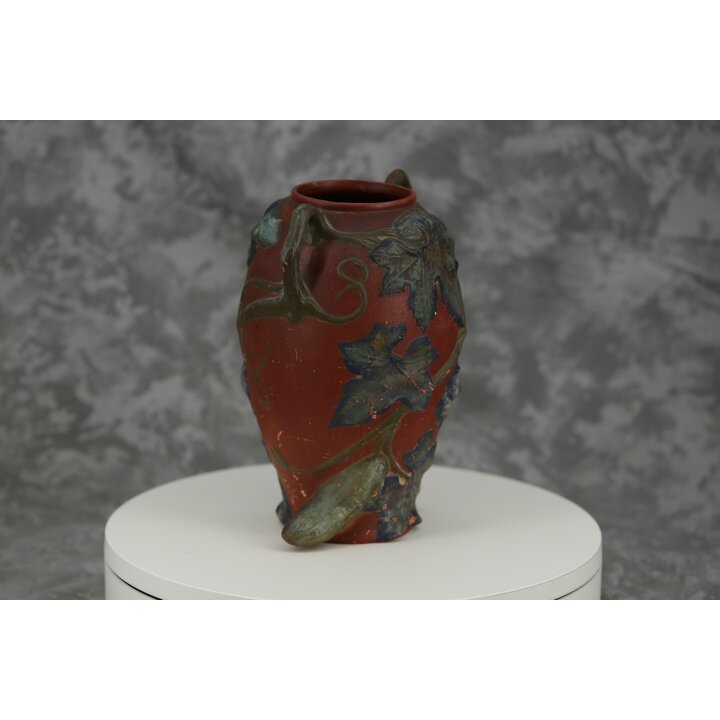 Boleslawiec Terracotta Vase, Poland 1900s, Art Nouveau Cucumber Relief, 21 cm, Antique Pottery