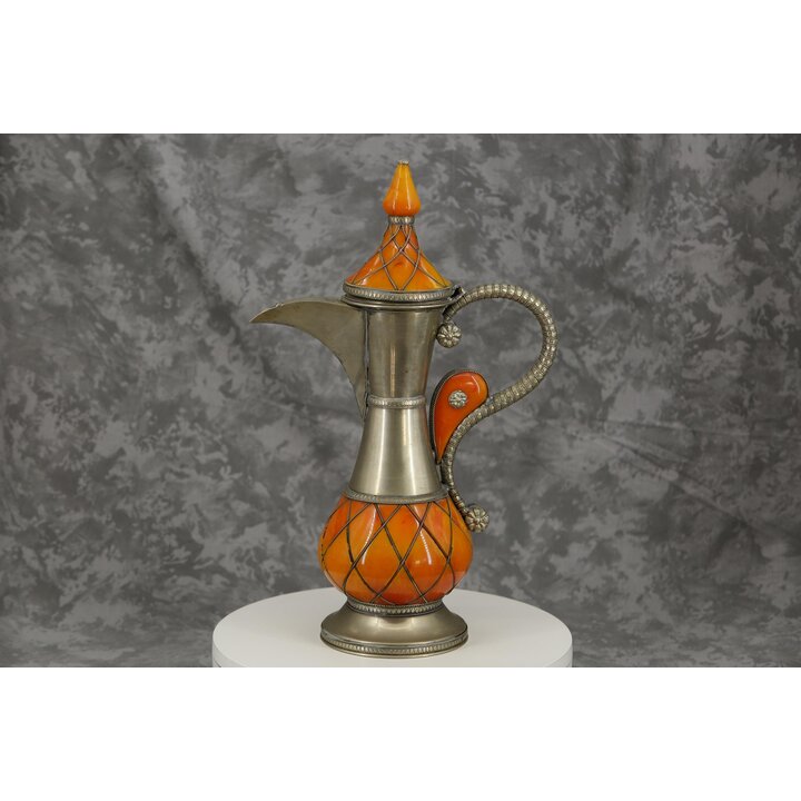Moroccan Metal Ewer Jug, Vintage Berber Decorative Pitcher with Orange Resin Inlay, North African Art 2nd Half 20th Century