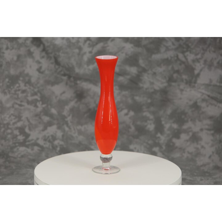 Jarra Vintage em Vidro Bicolor Laranja e Branco Mid Century com Pé Transparente 23 cm
