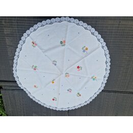 Okragly Obrus Lniany Recznie Haftowany Kwiaty Koronka na Szydełku Srednica 90 cm Vintage