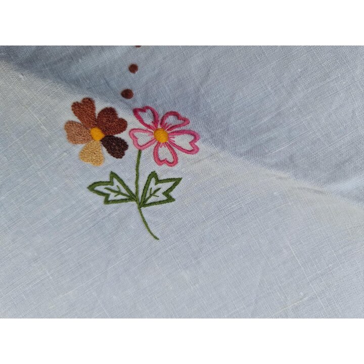 Okragly Obrus Lniany Recznie Haftowany Kwiaty Koronka na Szydełku Srednica 90 cm Vintage