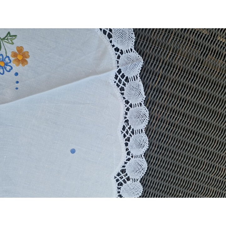 Nappe Ronde en Lin Brodee Main Motif Floral Tapis de Table Bordure Dentelle Crochet 90 cm Diametre