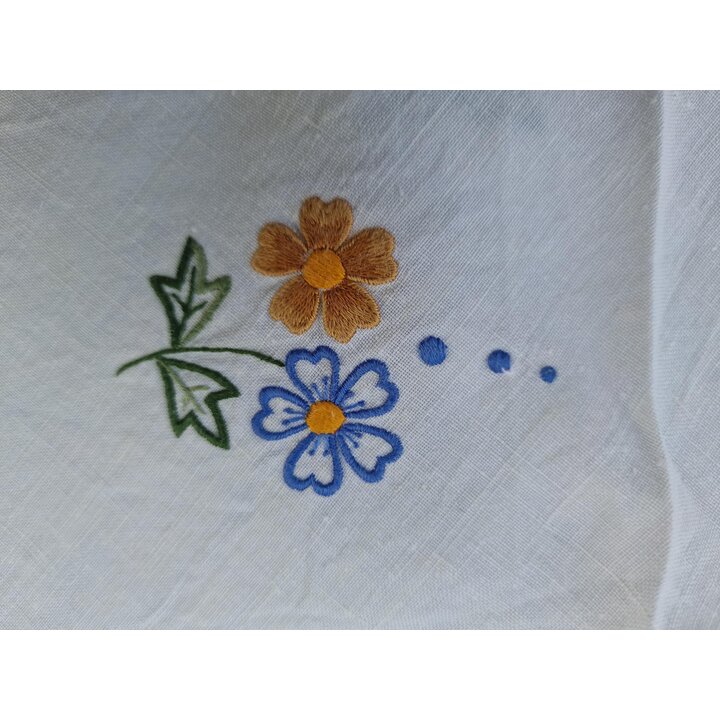 ヴィンテージ 丸型 リネン テーブルクロス 手刺繍 花柄 クロッシェレース 縁取り 直径90cm