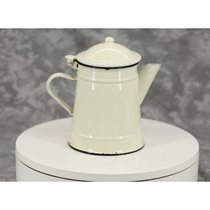 ヴィンテージ ホーロー コーヒーポット 1L 19cm クリーム色 蓋付き ピッチャー エナメル ティーポット 黒フチ レトロ キッチン