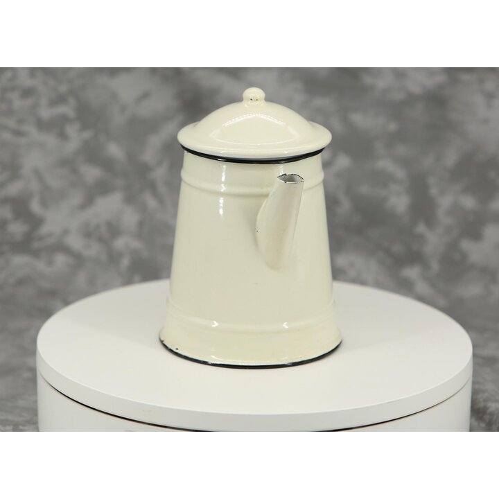 Cafeteira Vintage Emeltada Jarro Creme com Tampa 1 Litro 19 cm Bule Borda Preta Decoração Rústica Cozinha