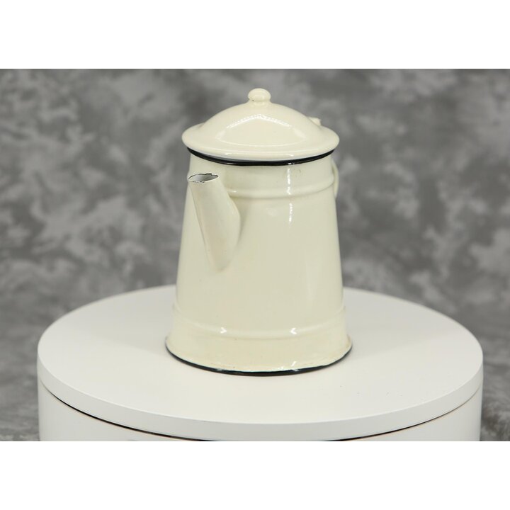 Cafetera Vintage de Metal Esmaltado Jarra con Tapa 1 Litro 19 cm Tetera Crema Borde Negro Estilo Rural Vajilla Antigua de Cocina