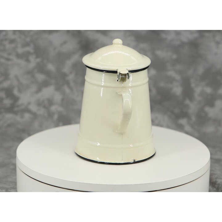 Cafeteira Vintage Emeltada Jarro Creme com Tampa 1 Litro 19 cm Bule Borda Preta Decoração Rústica Cozinha