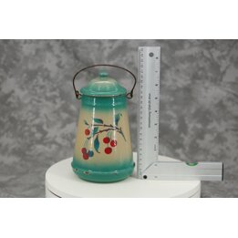 Pot a Lait Vintage en Email 1L 20cm, Bidon Emaille Turquoise Creme Motif Cerises avec Couvercle et Anse, Deco Rustique