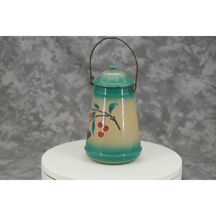 Vintage Enamel Milk Can Jug 1L 20cm, Turquoise Cream Ombre Cherry Motif Pail Lid Handle, Rustic Farmhouse Kitchen Decor