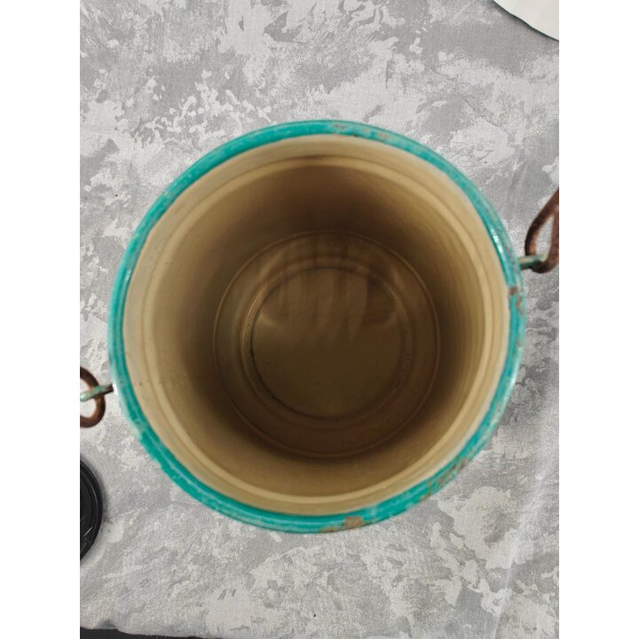 Lechera Vintage de Esmalte 1L 20cm, Bote Esmaltado Turquesa y Crema Motivo Cerezas con Tapa y Asa, Decoracion Rustica