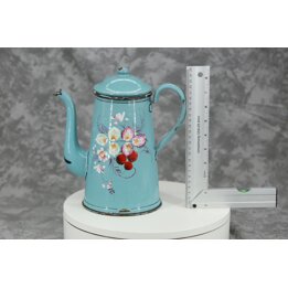 Cafeteira Antiga Esmaltada Francesa, Bule em Metal Esmaltado Azul Turquesa Flores Pintadas à Mão em Relevo, Decoração Cozinha Rú